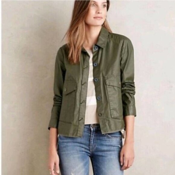 Anthropologie Hei Hei •XS•Coated Utility Swing Jacket Waxed Green Military Field - Picture 2 of 8